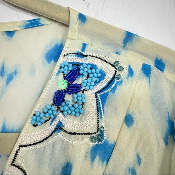 Jenny Han Yellow Blue Silk Beaded Boho Tunic Womens S Beachy Sheer Long Sleeve - Picture 2 of 11